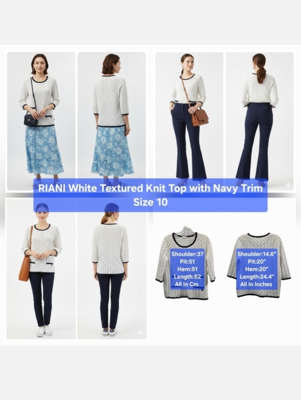RIANI White Textured Knit Top with Navy Trim Size 10